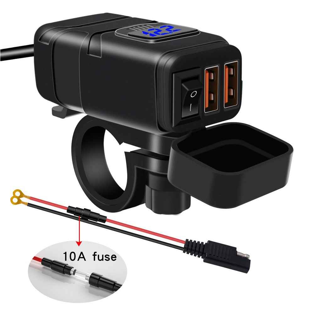 WUPP ZH-854A Motorcycle Handlebar Dual USB QC3.0 Phone Charger Voltmeter Fast Charge Adapter with Switch - Blue Voltmeter
