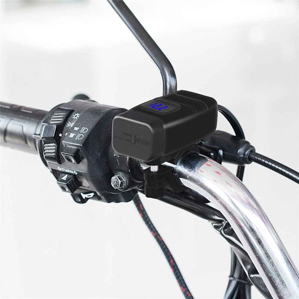 WUPP ZH-854A Motorcycle Handlebar Dual USB QC3.0 Phone Charger Voltmeter Fast Charge Adapter with Switch - Blue Voltmeter
