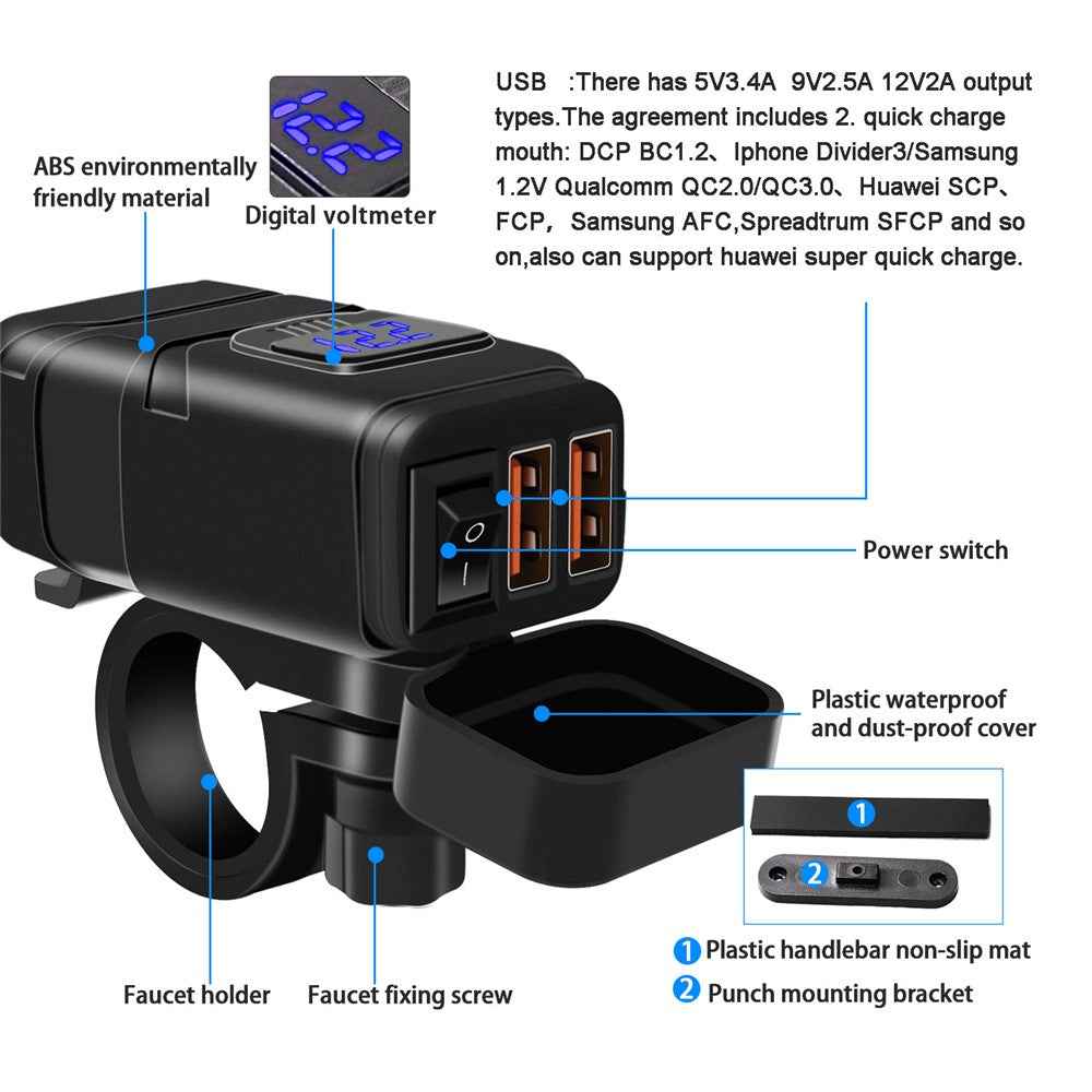 WUPP ZH-854A Motorcycle Handlebar Dual USB QC3.0 Phone Charger Voltmeter Fast Charge Adapter with Switch - Blue Voltmeter