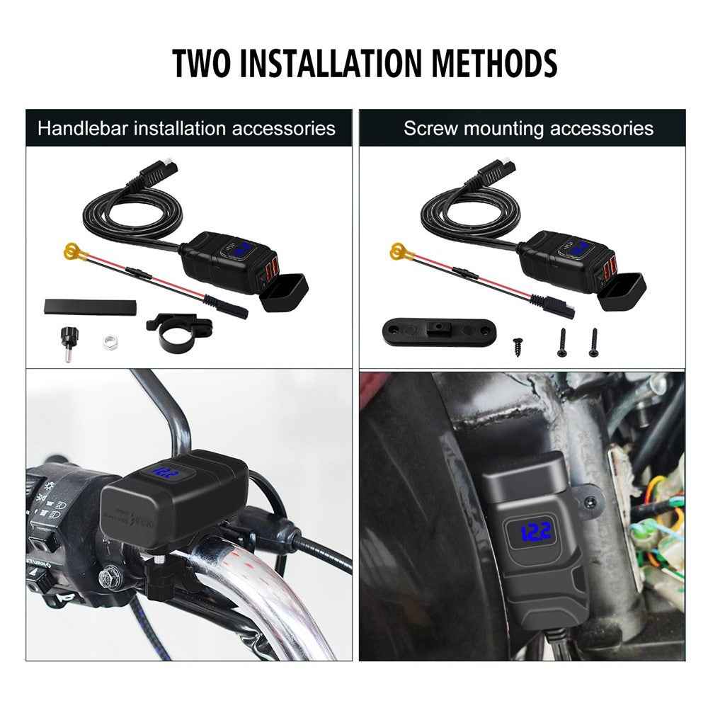 WUPP ZH-854A Motorcycle Handlebar Dual USB QC3.0 Phone Charger Voltmeter Fast Charge Adapter with Switch - Blue Voltmeter