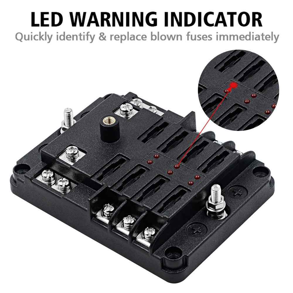 WUPP CS-3394A1 6 Way Blade Fuse Block with Negative Bus LED Indicator for Car Boat Van SUV