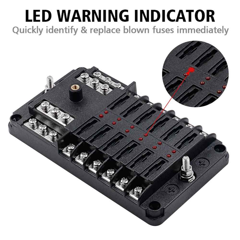 WUPP CS-339C1 12 Way Blade Fuse Block with Negative Bus LED Indicator for Car Boat Van SUV