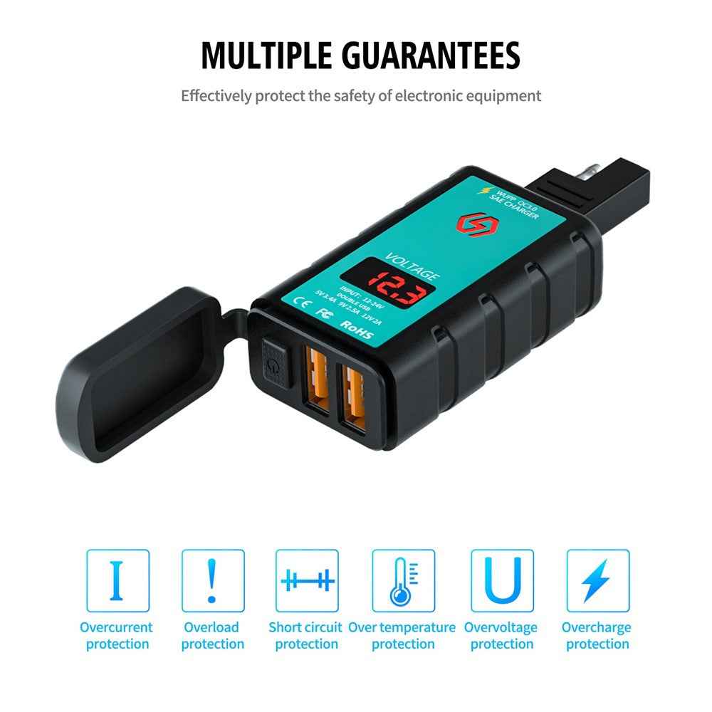 ZH-1422A2 5V 3.4A Dual USB Port Adapter Socket Motorcycle Handlebar Fast Charger, with Voltmeter Display and 1m SAE Extension Cable