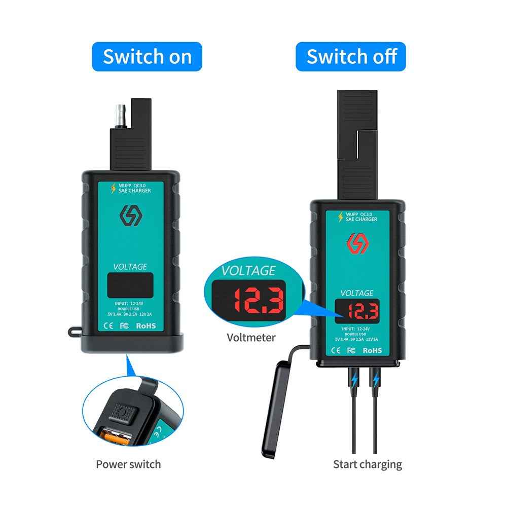 ZH-1422A2 5V 3.4A Dual USB Port Adapter Socket Motorcycle Handlebar Fast Charger, with Voltmeter Display and 1m SAE Extension Cable
