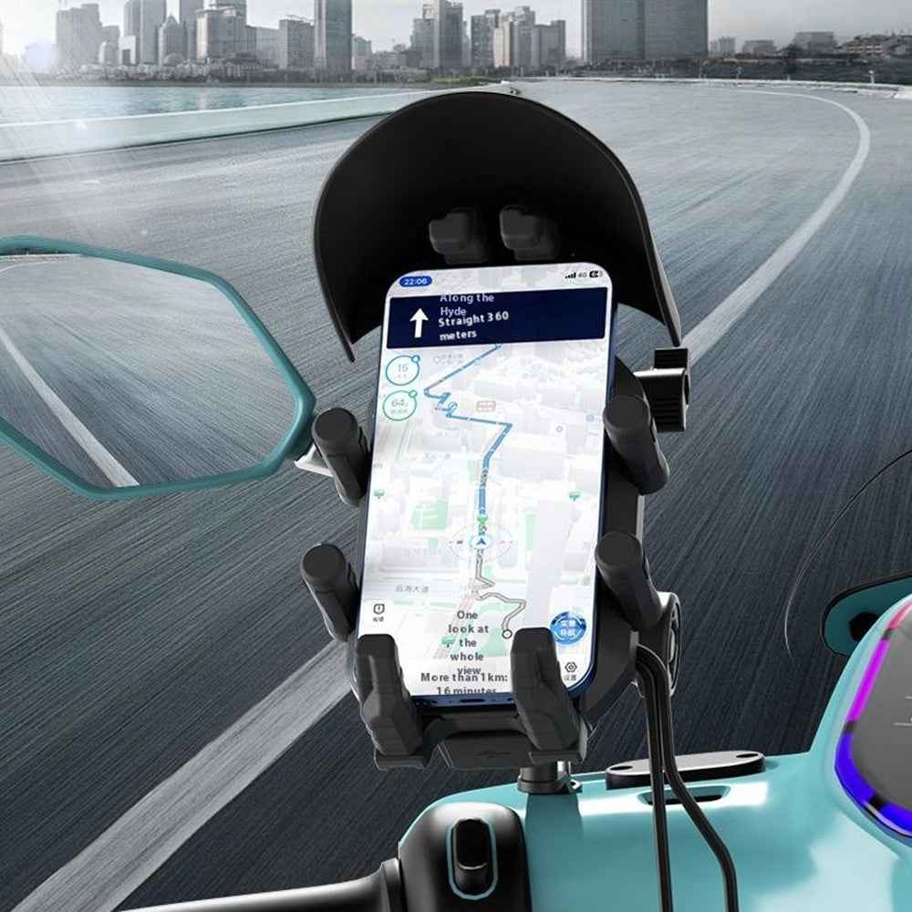 WUPP CS-2056A1 Motorcycle Phone Holder with USB-A+Type-C+Wireless 3-in-1 Charging, Mirror Mount