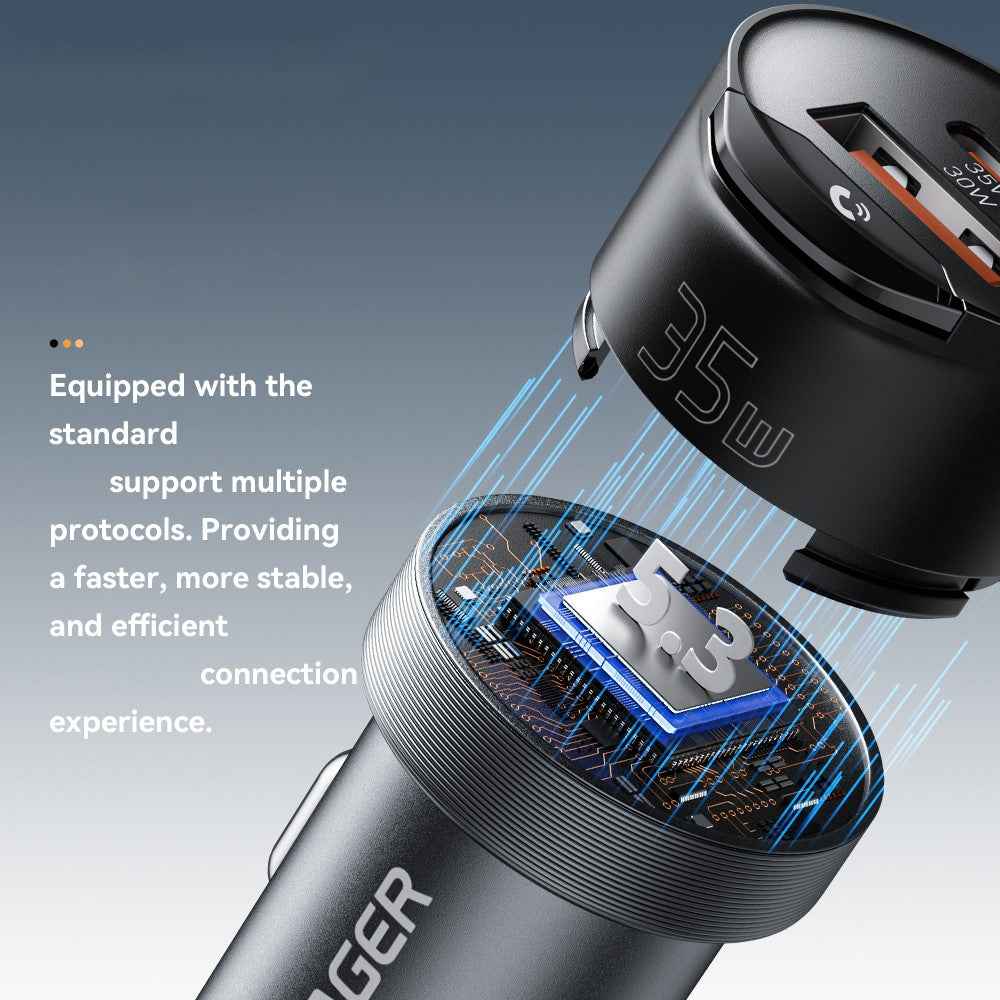ESSAGER Car Charger Bluetooth-Compatiable 5.3 PD 35W USB-A + Type-C Wired to Wireless Car Audio with AUX Plug - Grey