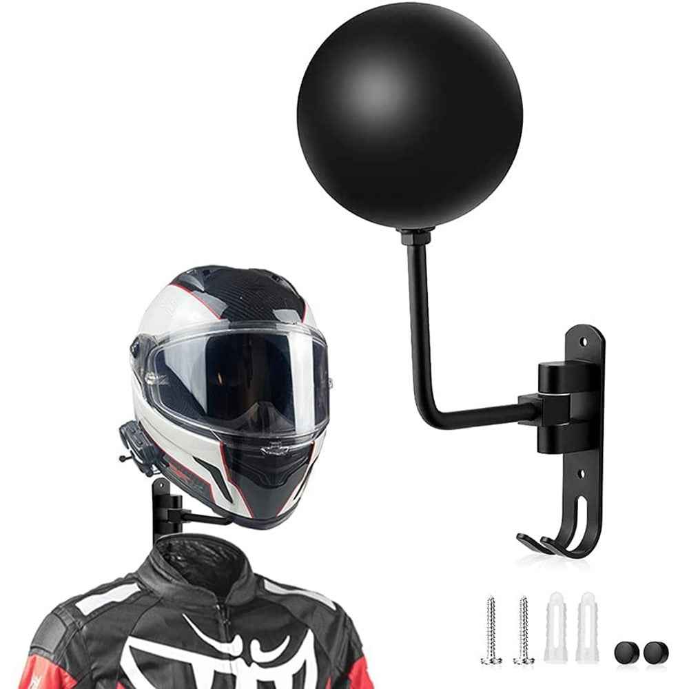 Motorcycle Wall Mounted Helmet Holder 180-Degree Rotating E-Bike Helmet Display Rack with 2 Hook for Hats, Caps, Coats, Jackets - Black