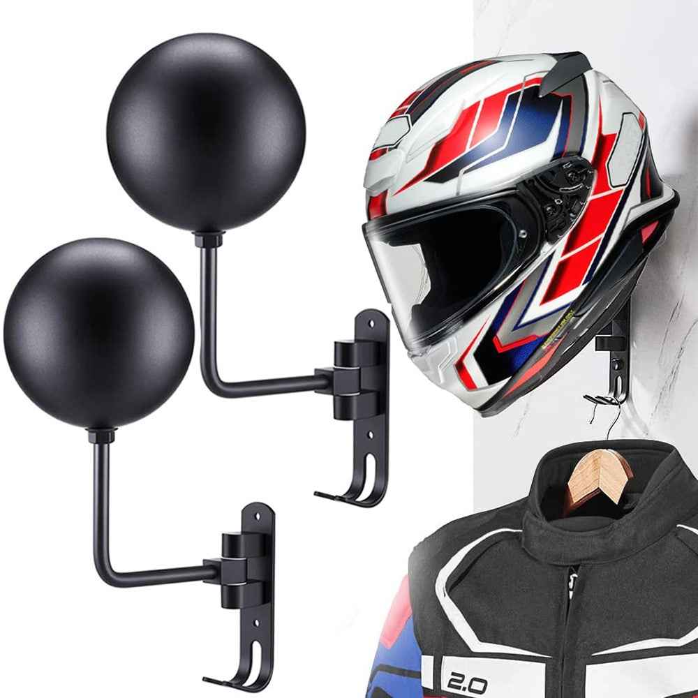 1Pair Motorcycle Wall Mounted Helmet Display Rack 180-Degree Rotating E-Bike Helmet Holder with 2 Hook for Hats, Caps, Keys, Bags - Black