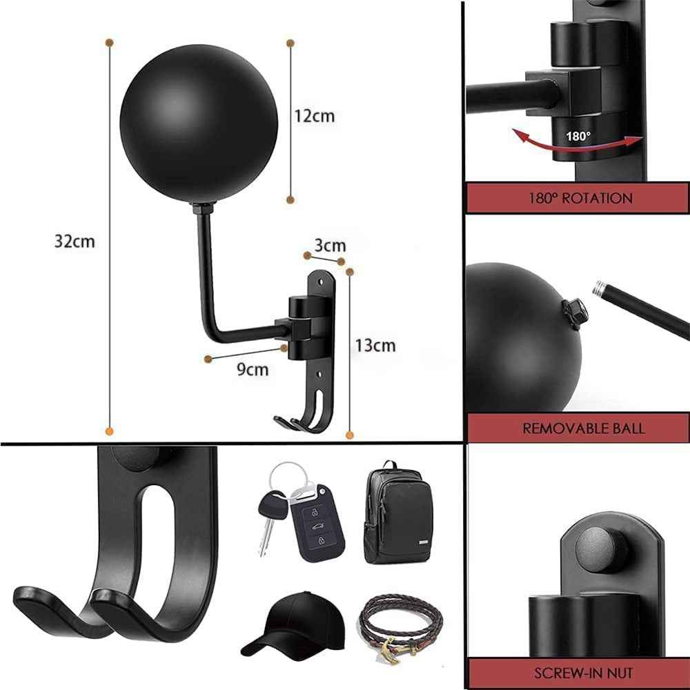 1Pair Motorcycle Wall Mounted Helmet Display Rack 180-Degree Rotating E-Bike Helmet Holder with 2 Hook for Hats, Caps, Keys, Bags - Black