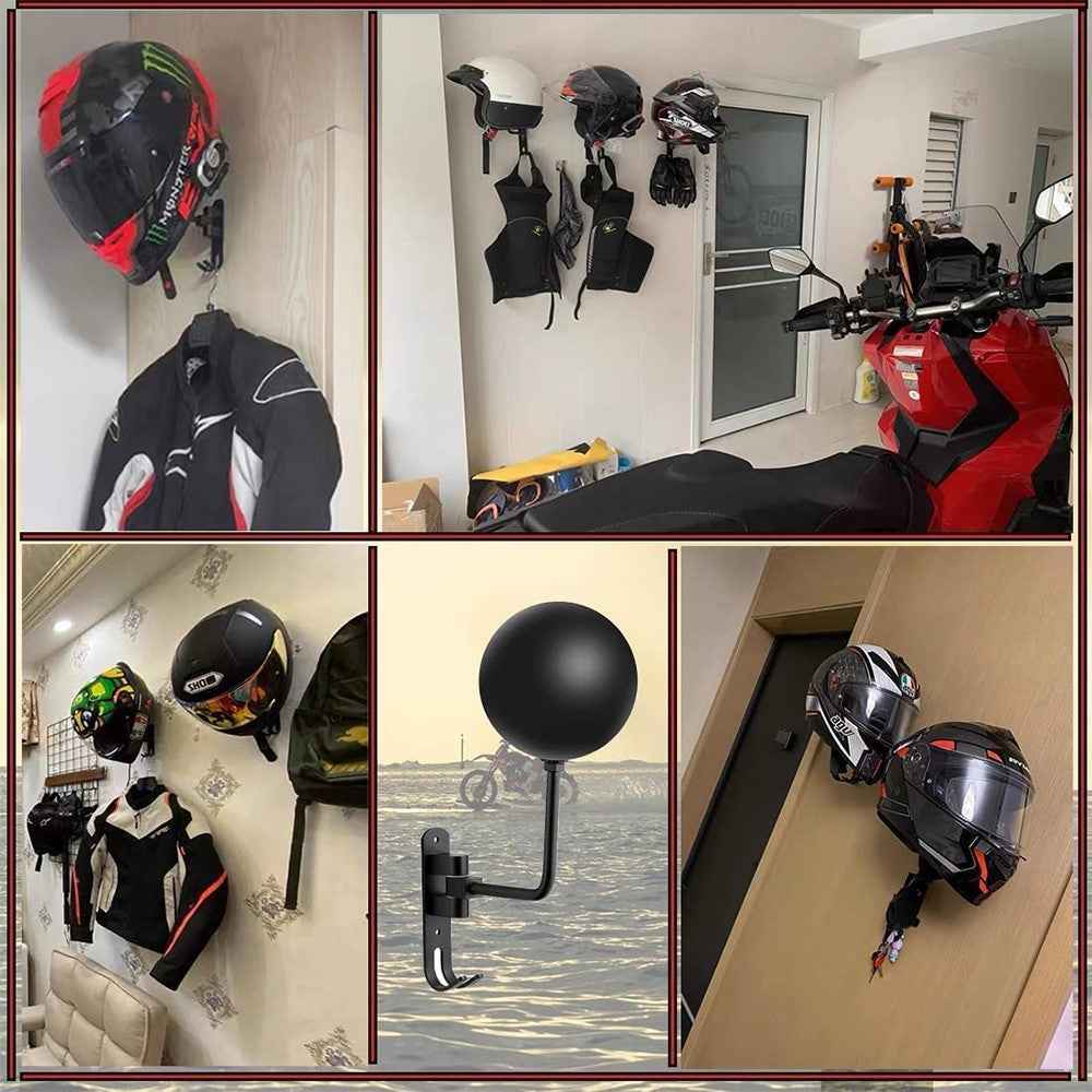 1Pair Motorcycle Wall Mounted Helmet Display Rack 180-Degree Rotating E-Bike Helmet Holder with 2 Hook for Hats, Caps, Keys, Bags - Black