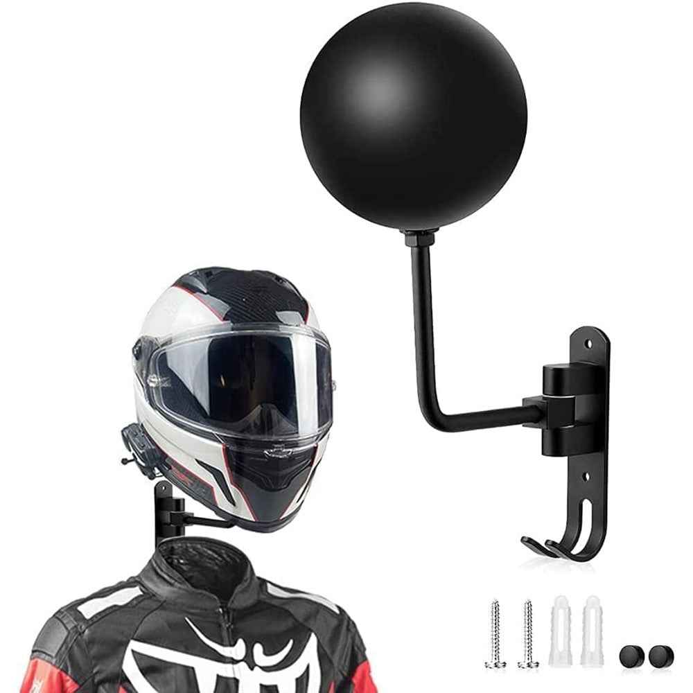 1Pair Motorcycle Wall Mounted Helmet Display Rack 180-Degree Rotating E-Bike Helmet Holder with 2 Hook for Hats, Caps, Keys, Bags - Black
