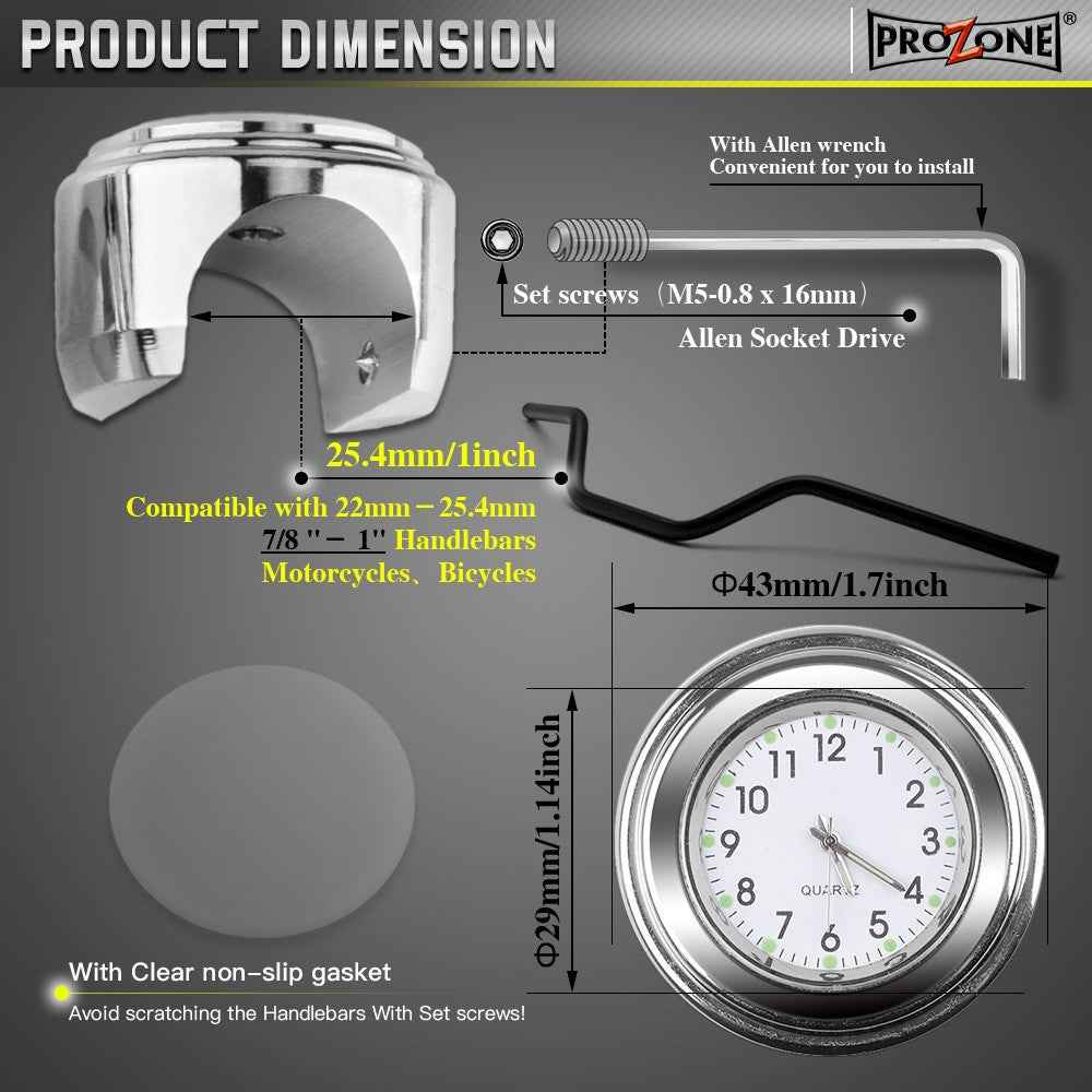 Aluminum Alloy Motorcycle Bike Clock 22-25.4mm Handlebar Luminous Clock / Thermometer - Clock / Black Shell Black Dial