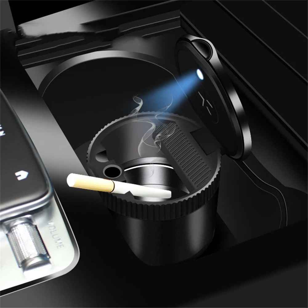 Creative Car Metal Ashtray with LED Night Light High-Temperature Resistant Ashtray with Cigarette Holder - Black