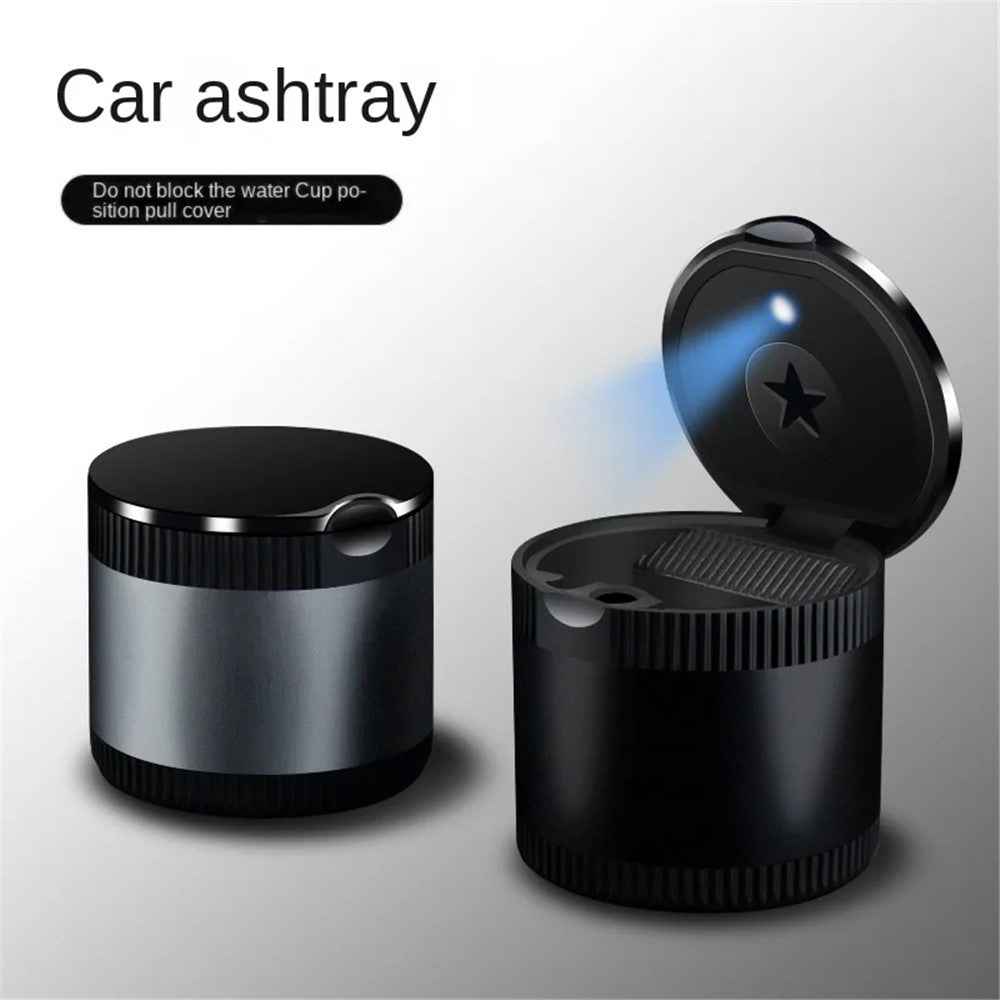 Creative Car Metal Ashtray with LED Night Light High-Temperature Resistant Ashtray with Cigarette Holder - Black