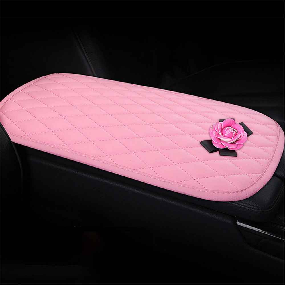 Camellia Design PU Leather Car Armrest Pad Auto Center Armrest Box Decorative Mat - Pink