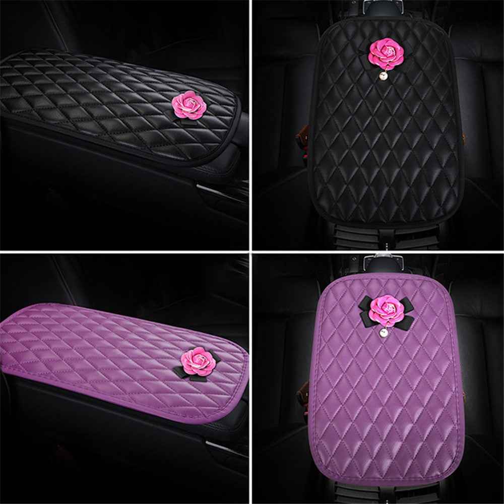 Camellia Design PU Leather Car Armrest Pad Auto Center Armrest Box Decorative Mat - Pink