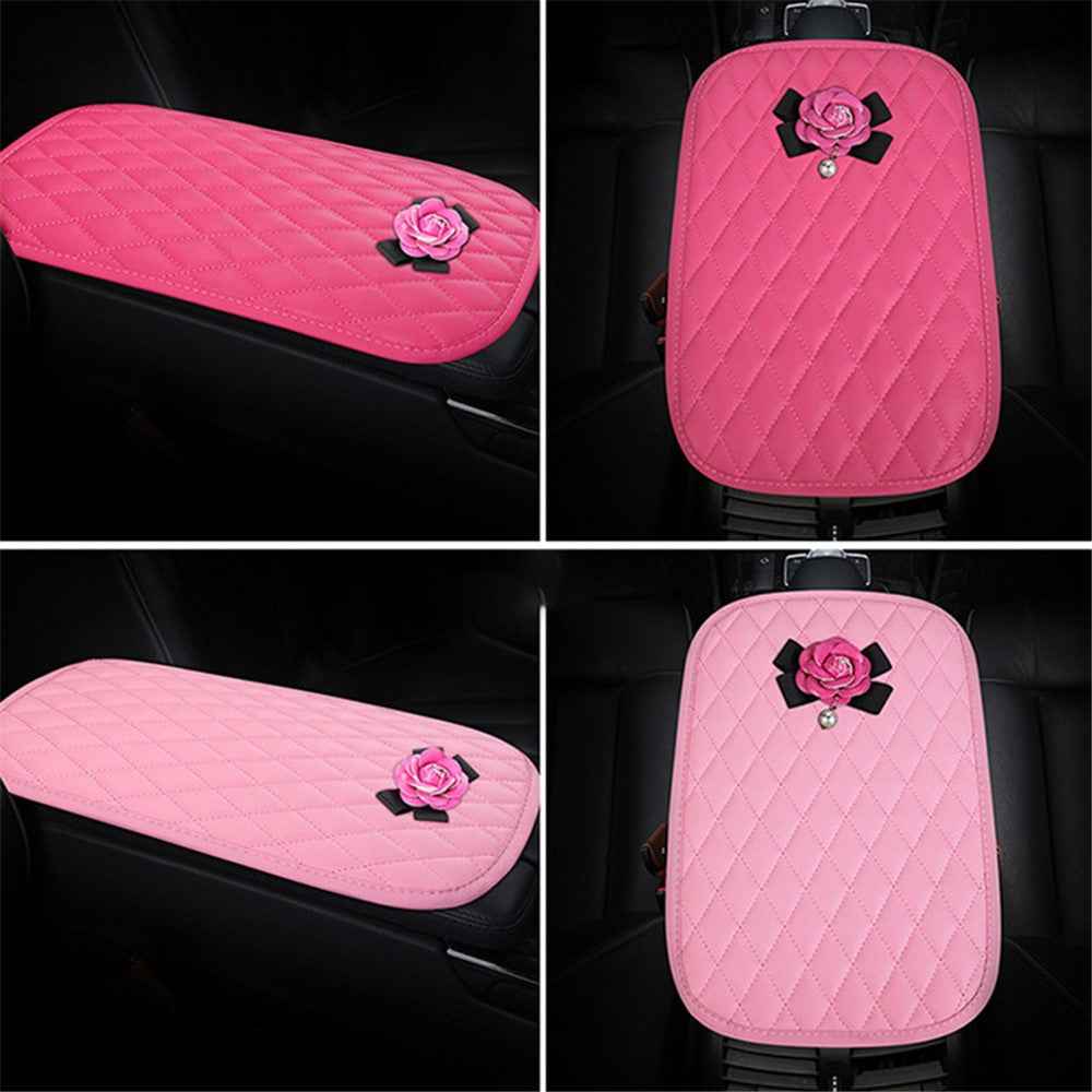 Camellia Design PU Leather Car Armrest Pad Auto Center Armrest Box Decorative Mat - Pink