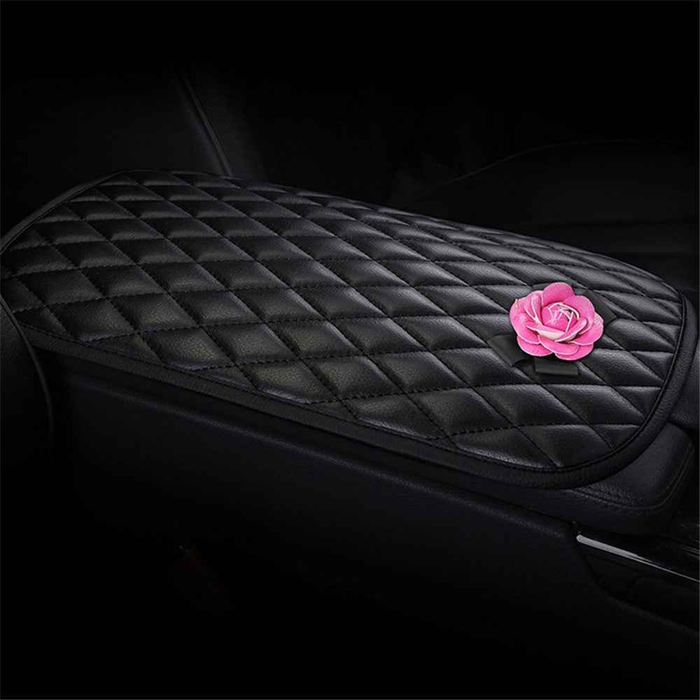 Camellia Design PU Leather Car Armrest Pad Auto Center Armrest Box Decorative Mat - Black