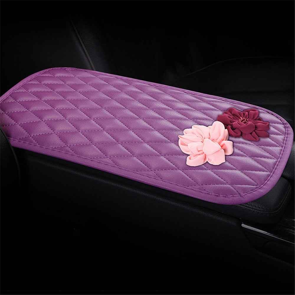 Rose Flower Decor PU Leather Car Armrest Pad Vehicle Armrest Box Decorative Mat - Purple