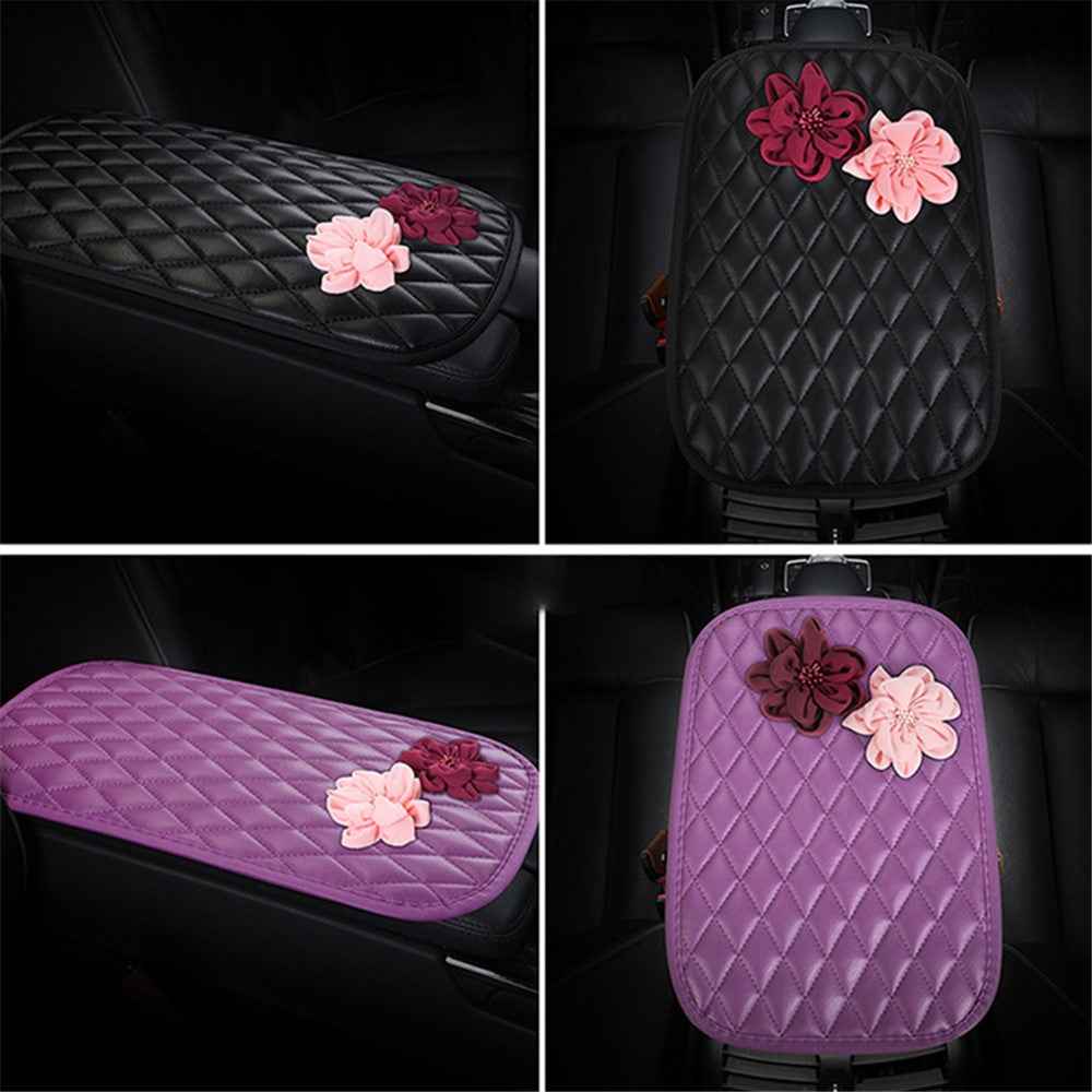 Rose Flower Decor PU Leather Car Armrest Pad Vehicle Armrest Box Decorative Mat - Purple