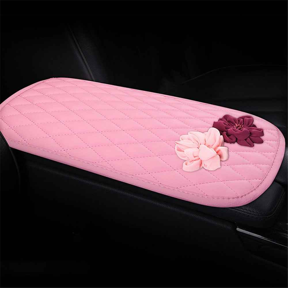 Rose Flower Decor PU Leather Car Armrest Pad Vehicle Armrest Box Decorative Mat - Pink