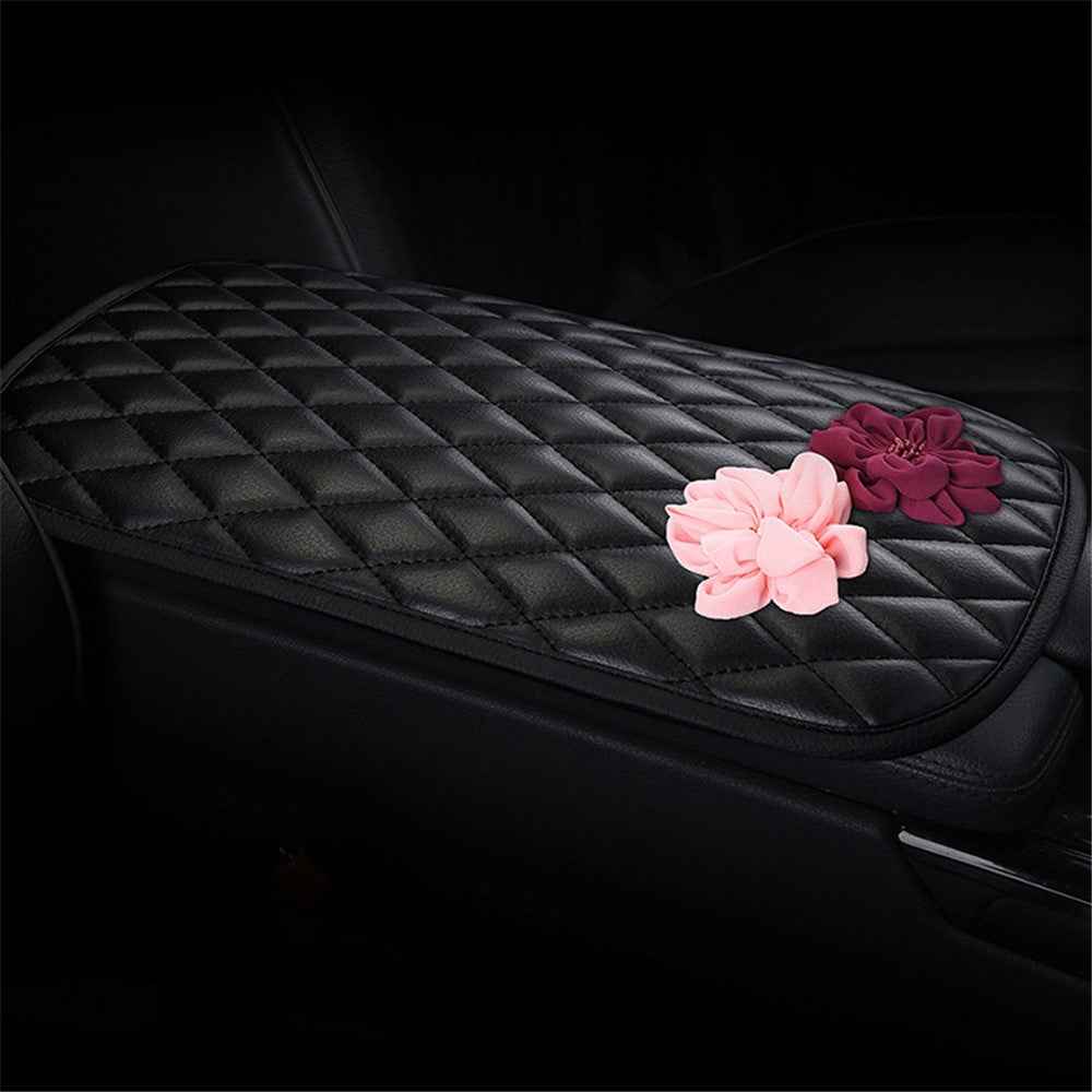 Rose Flower Decor PU Leather Car Armrest Pad Vehicle Armrest Box Decorative Mat - Black