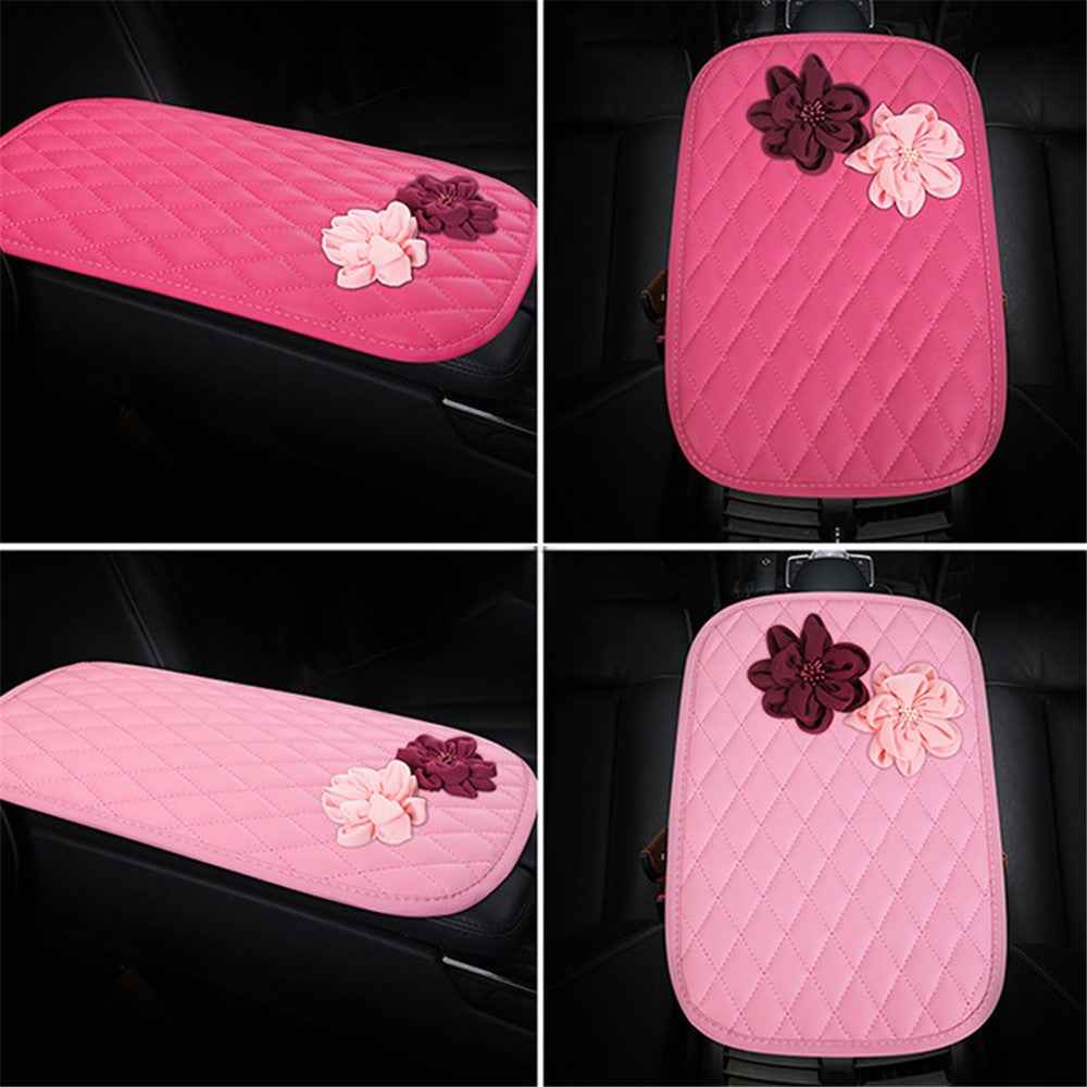 Rose Flower Decor PU Leather Car Armrest Pad Vehicle Armrest Box Decorative Mat - Black