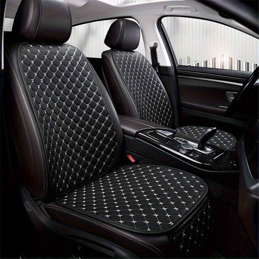 Anti-Slip Rhombus Embroidered Leather Car Front Seat Cushion + Backrest Pad Set - Black  /  White