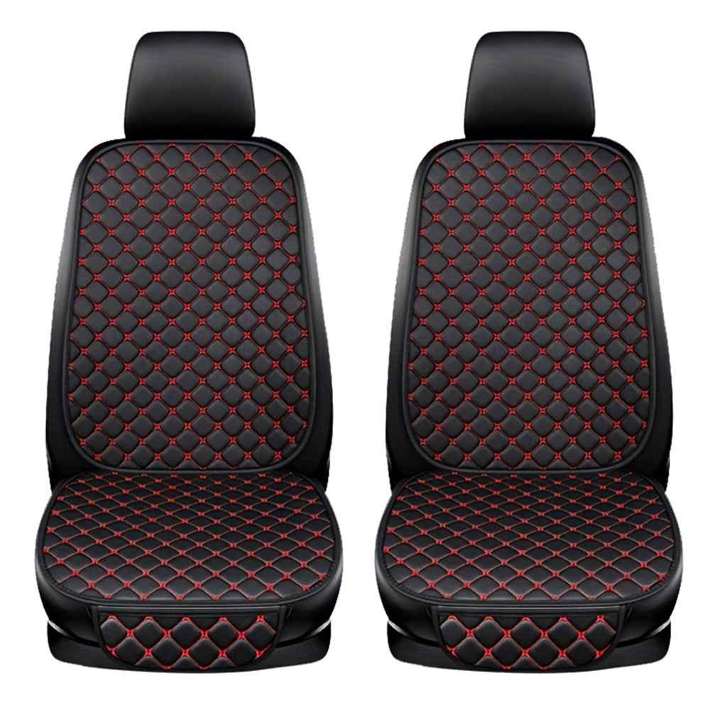 2 Sets Rhombus Embroidered Leather Car Front Seat Cushion + Backrest Pad Set - Black  /  Red