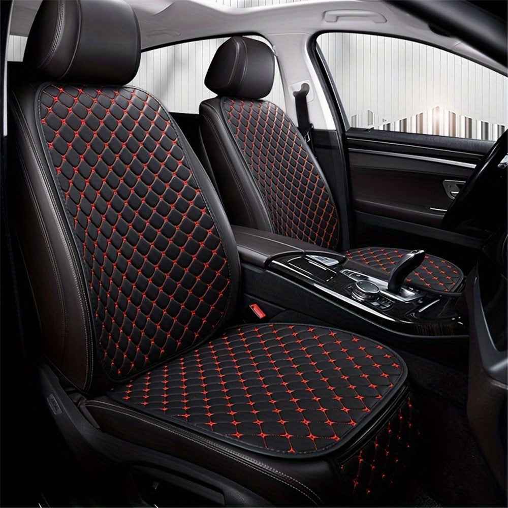 2 Sets Rhombus Embroidered Leather Car Front Seat Cushion + Backrest Pad Set - Black  /  Red