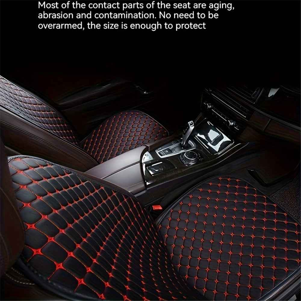 2 Sets Rhombus Embroidered Leather Car Front Seat Cushion + Backrest Pad Set - Black  /  Red