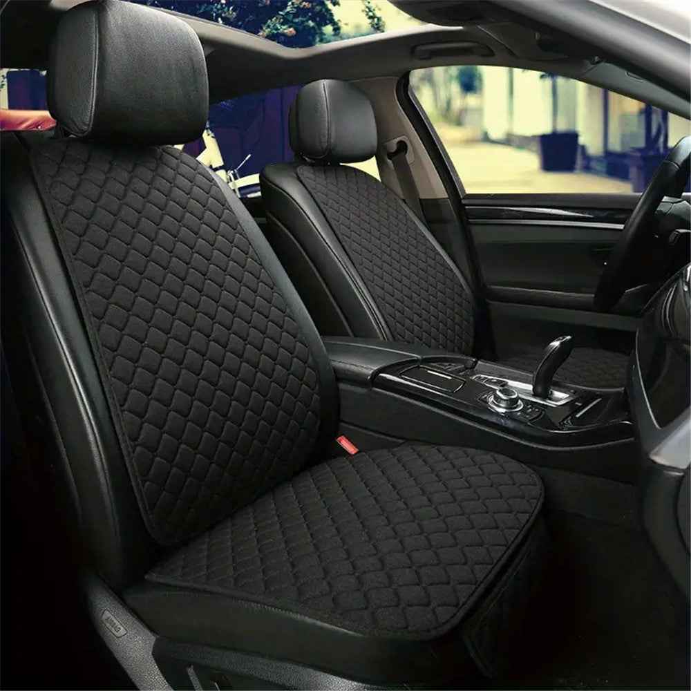 2 Sets Rhombus Embroidered Leather Car Front Seat Cushion + Backrest Pad Set - Black