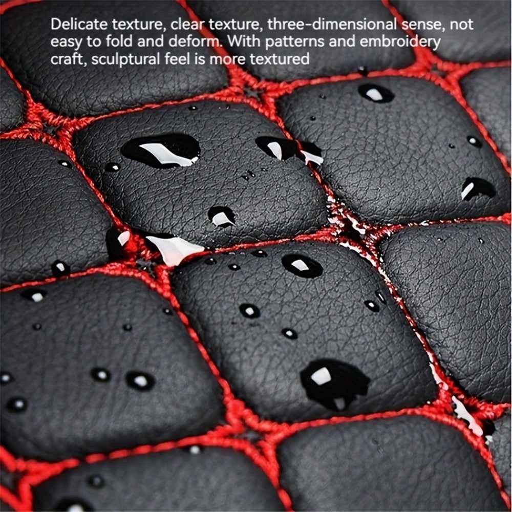 2 Sets Rhombus Embroidered Leather Car Front Seat Cushion + Backrest Pad Set - Black