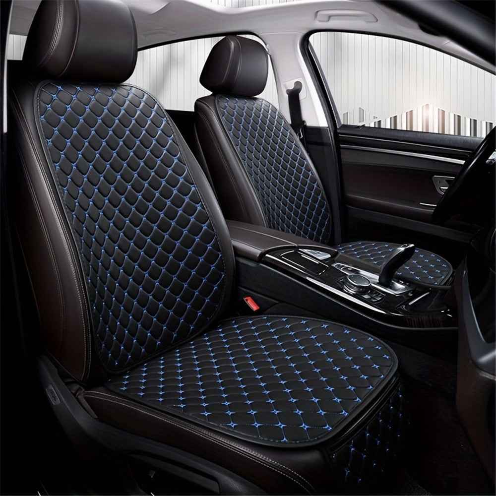 2 Sets Rhombus Embroidered Leather Car Front Seat Cushion + Backrest Pad Set - Black  /  Blue