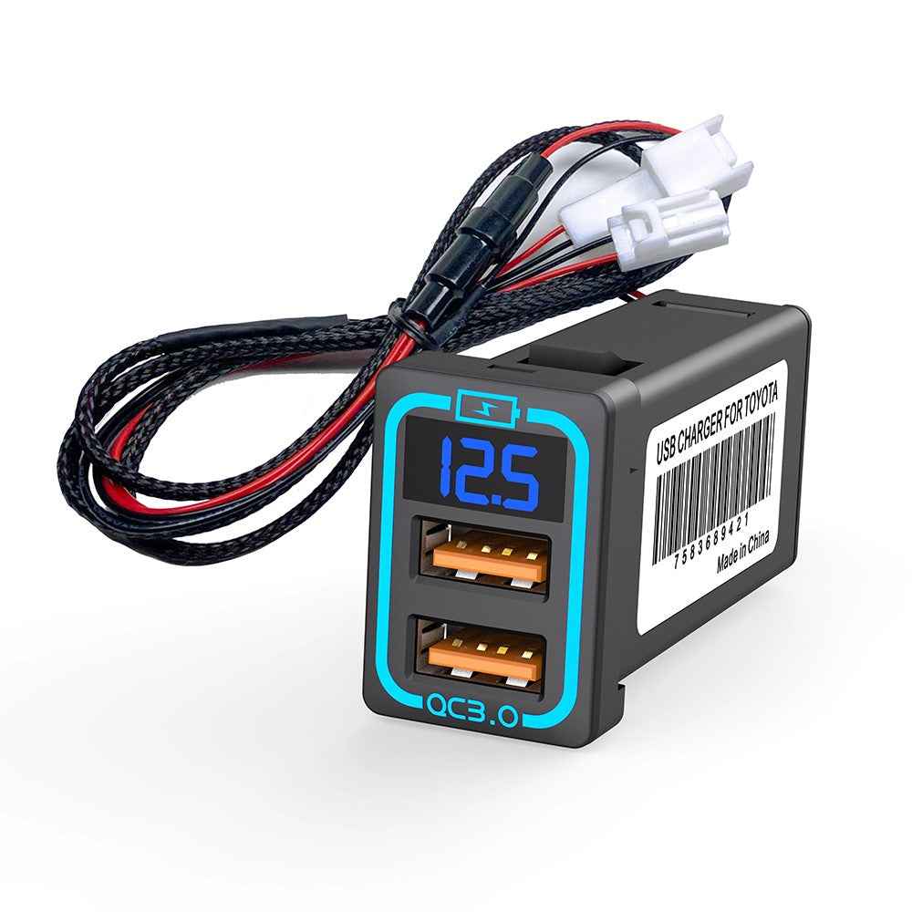 USB QC3.0 Dual Port Blue LED Light Voltage Display Car Charger Socket Fast Charging Adapter for Toyota (Cigarette Lighter Wiring Connection)