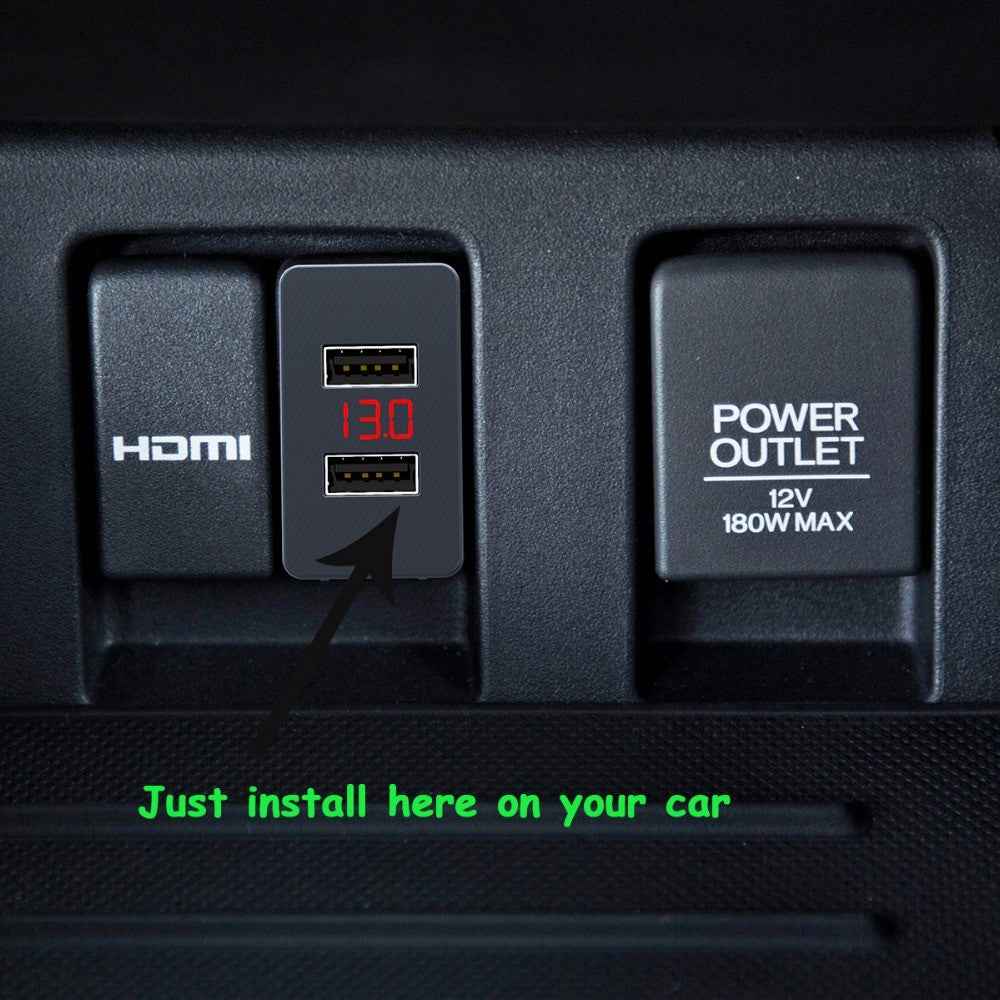 USB QC3.0 Dual Port Blue LED Light Voltage Display Car Charger Socket Fast Charging Adapter for Toyota (Cigarette Lighter Wiring Connection)