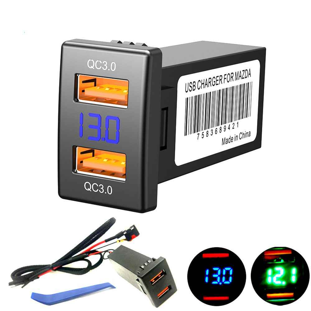 Dual Port USB QC3.0 Car Charger Socket Voltmeter Fast Charging Adapter Modification Accessory for Mazda