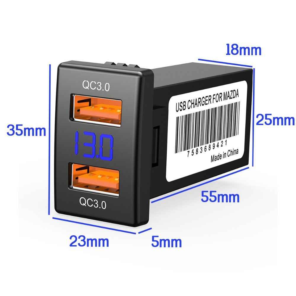 Dual Port USB QC3.0 Car Charger Socket Voltmeter Fast Charging Adapter Modification Accessory for Mazda