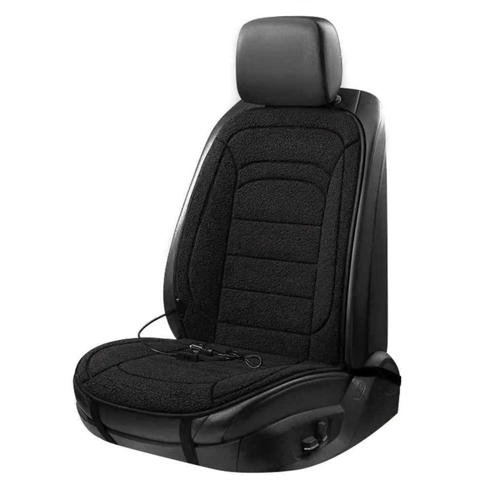 12V Car Heated Seat Cushion Winter Seat Cover Imitation Cashmere Vehicle Seat Protector Pad with Backrest - Black