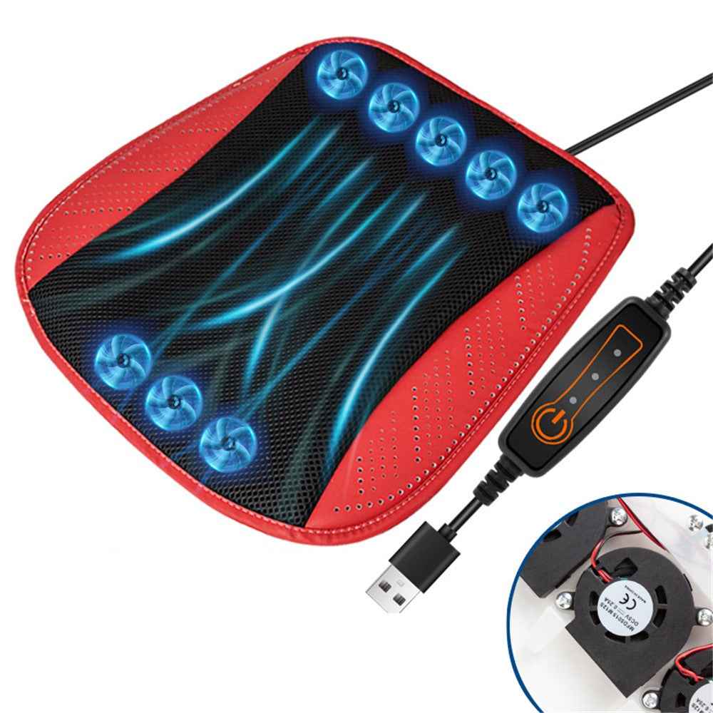 USB Car Seat Summer Cooler Breathable Ice Silk Seat Cushion ( Built-In 8 Fans) - Red