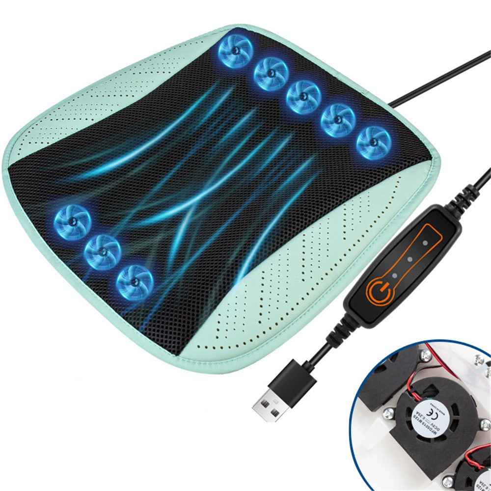 USB Car Seat Summer Cooler Breathable Ice Silk Seat Cushion ( Built-In 8 Fans) - Cyan