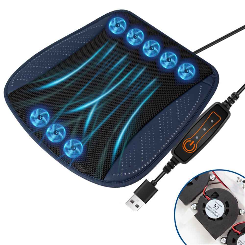 USB Car Seat Summer Cooler Breathable Ice Silk Seat Cushion ( Built-In 8 Fans) - Navy Blue