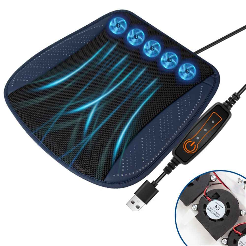 USB Powered Summer Breathable Car Seat Cushion Built-in 5 Fans Seat Cooling Mat - Navy Blue