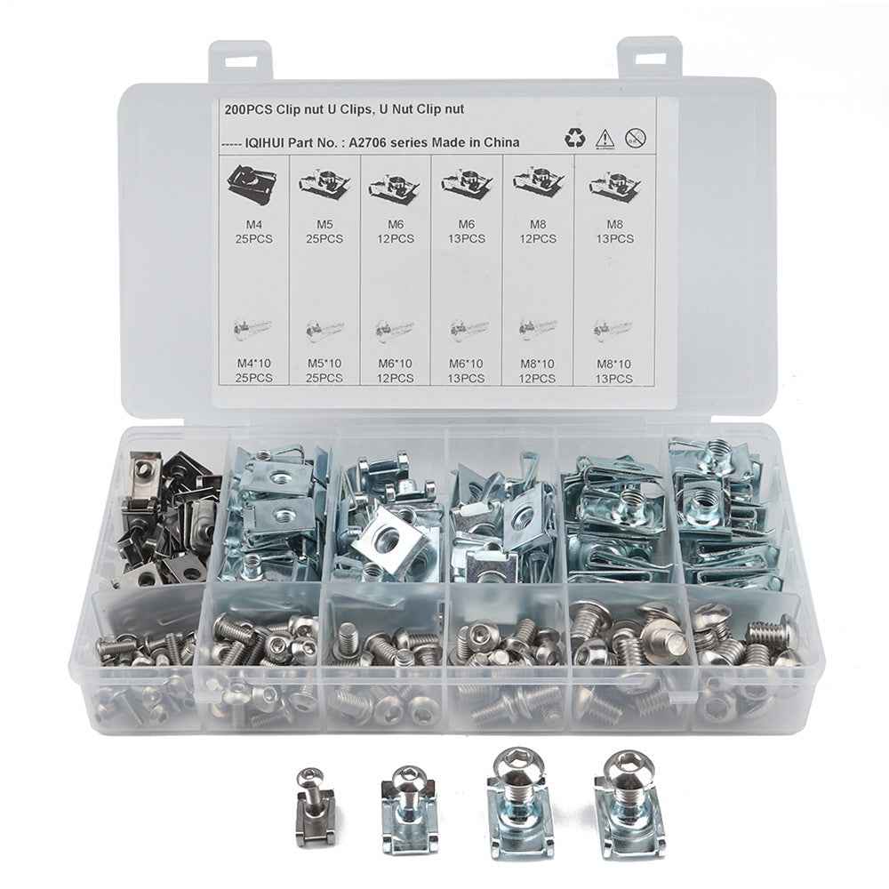 A2706 200Pcs M4 M5 M6 M8 Assorted Quick Clip Fastener U Nut and Bolt with Box