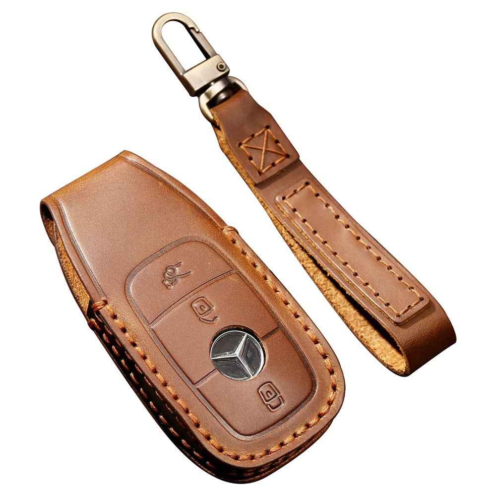 HALLMO C015 Anti-scratch Car Key Case for E300L, Genuine Cowhide Leather Protector Keychain Replacement - Brown