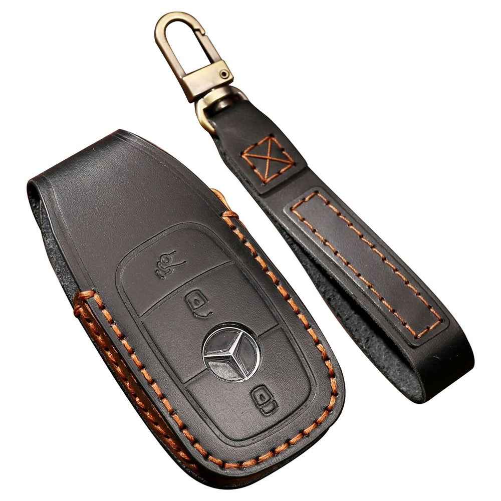 HALLMO C015 Anti-scratch Car Key Case for E300L, Genuine Cowhide Leather Protector Keychain Replacement - Black