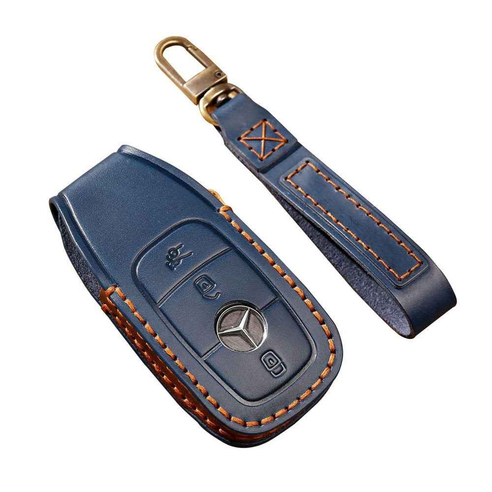 HALLMO C015 Anti-scratch Car Key Case for E300L, Genuine Cowhide Leather Protector Keychain Replacement - Blue