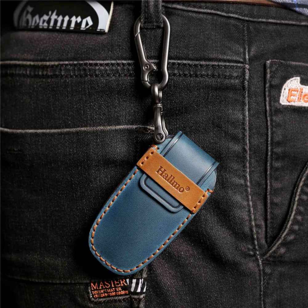 HALLMO C015 Anti-scratch Car Key Case for E300L, Genuine Cowhide Leather Protector Keychain Replacement - Blue