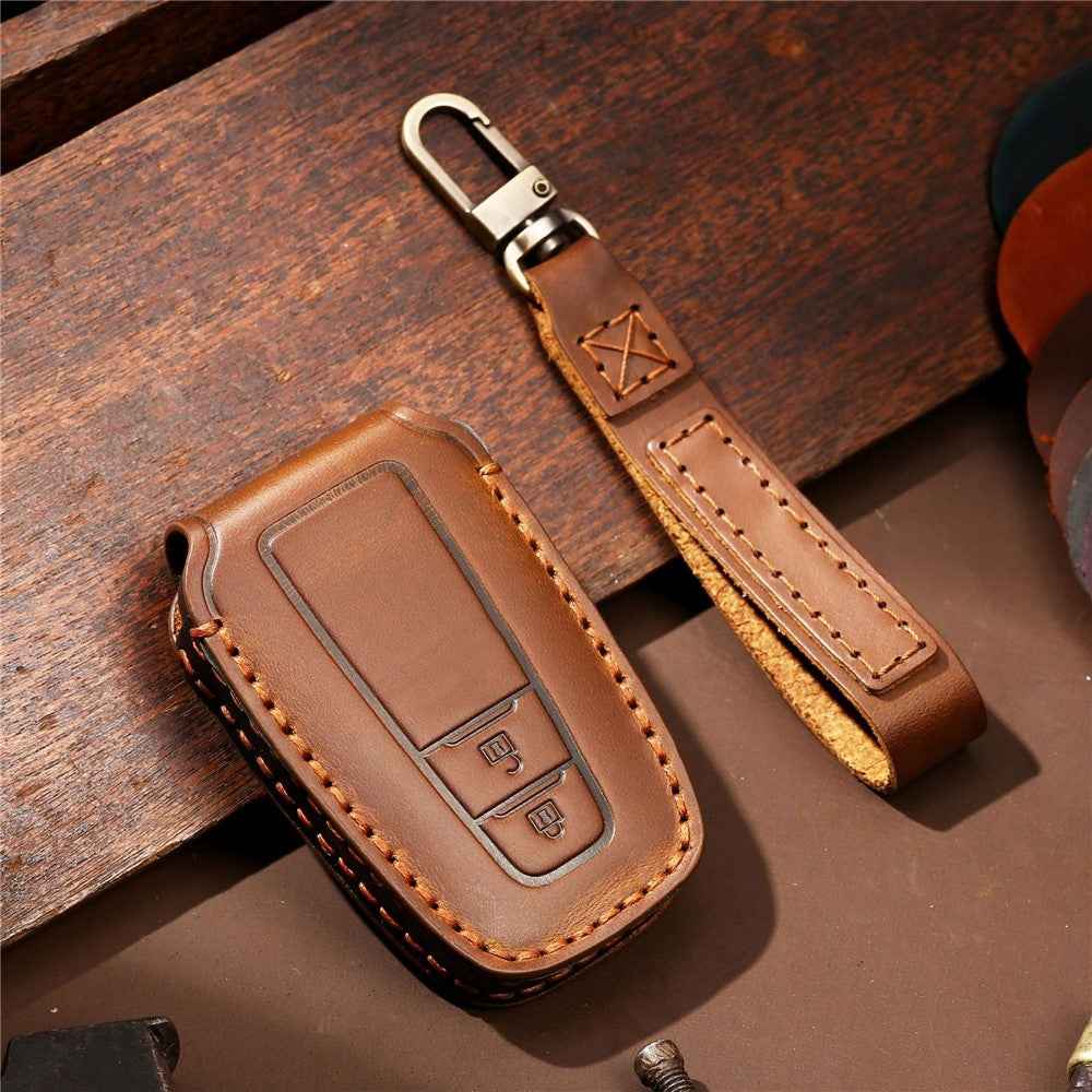 HALLMO Car Remote Key Cover for C005 18, Toyota 2-Keys Crazy Horse Cowhide Leather Protective Case - Brown