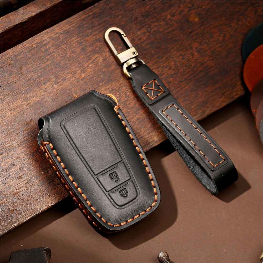 HALLMO Car Remote Key Cover for C005 18, Toyota 2-Keys Crazy Horse Cowhide Leather Protective Case - Black